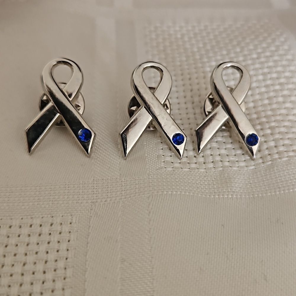 Breast Cancer Awareness Ribbion Pins Set Of 3 Silver & Blue